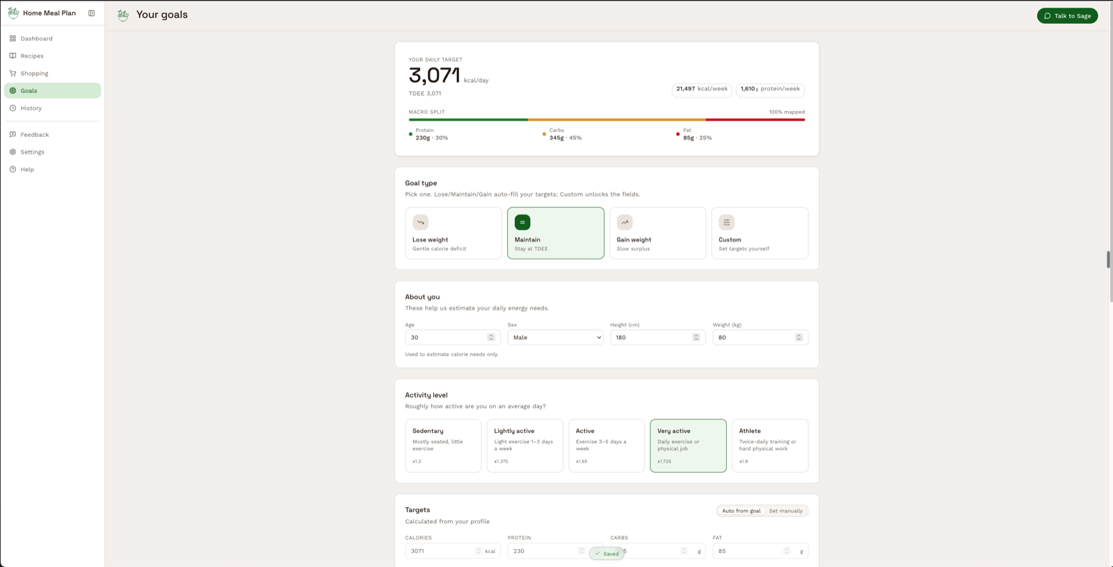 Goals page — calculated daily calorie target and macro split from profile and activity level